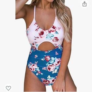 Cupshe Pink Blue Floral Cutout One Piece Swimsuit